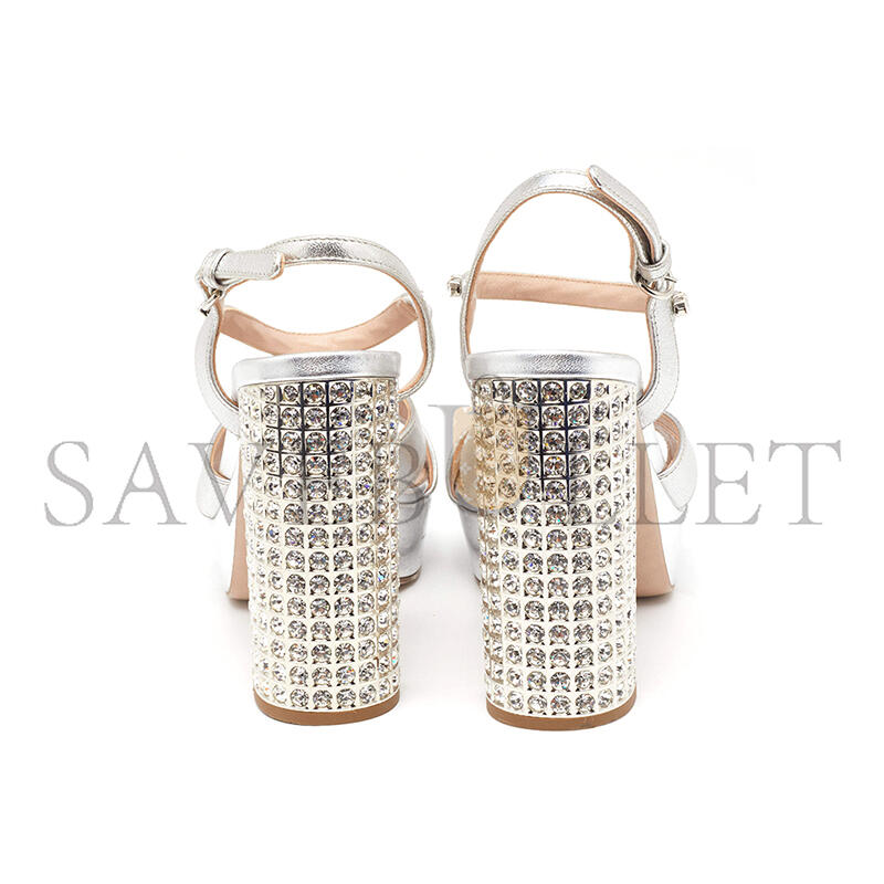 MIU MIU SILVER LEATHER CRYSTAL EMBELLISHED ANKLE STRAP PLATFORM SANDALS 
